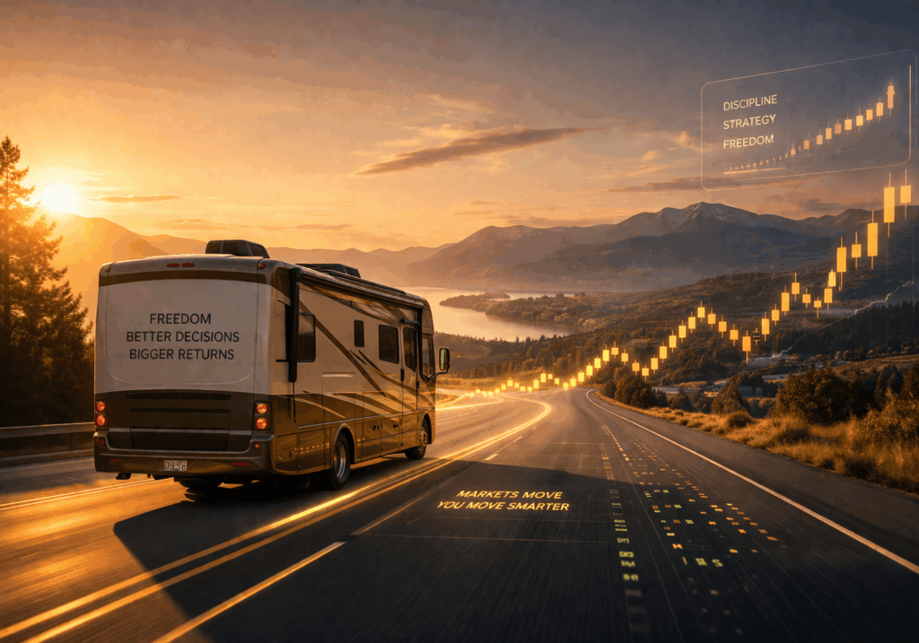 RV driving on a highway transforming into a financial chart, symbolizing freedom, fast decisions and trading dynamics